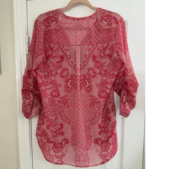 YOANA BARASCHI Fuschia Floral Blouse Tunic Long Tab-Sleeve Lace Print Sz Small - Picture 2 of 5